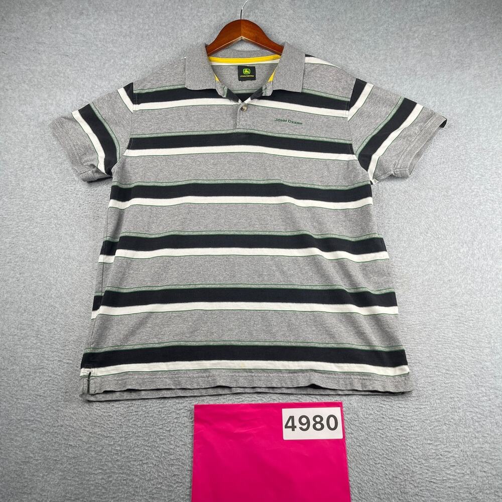 John Deere Polo Shirt Gray Striped Casual Classic Mens XL